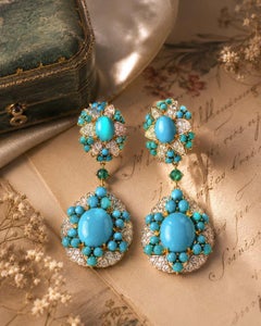 Boucles d'oreilles pendantes en turquoise d'Arizona, émeraude et diamant, en or jaune 18 carats