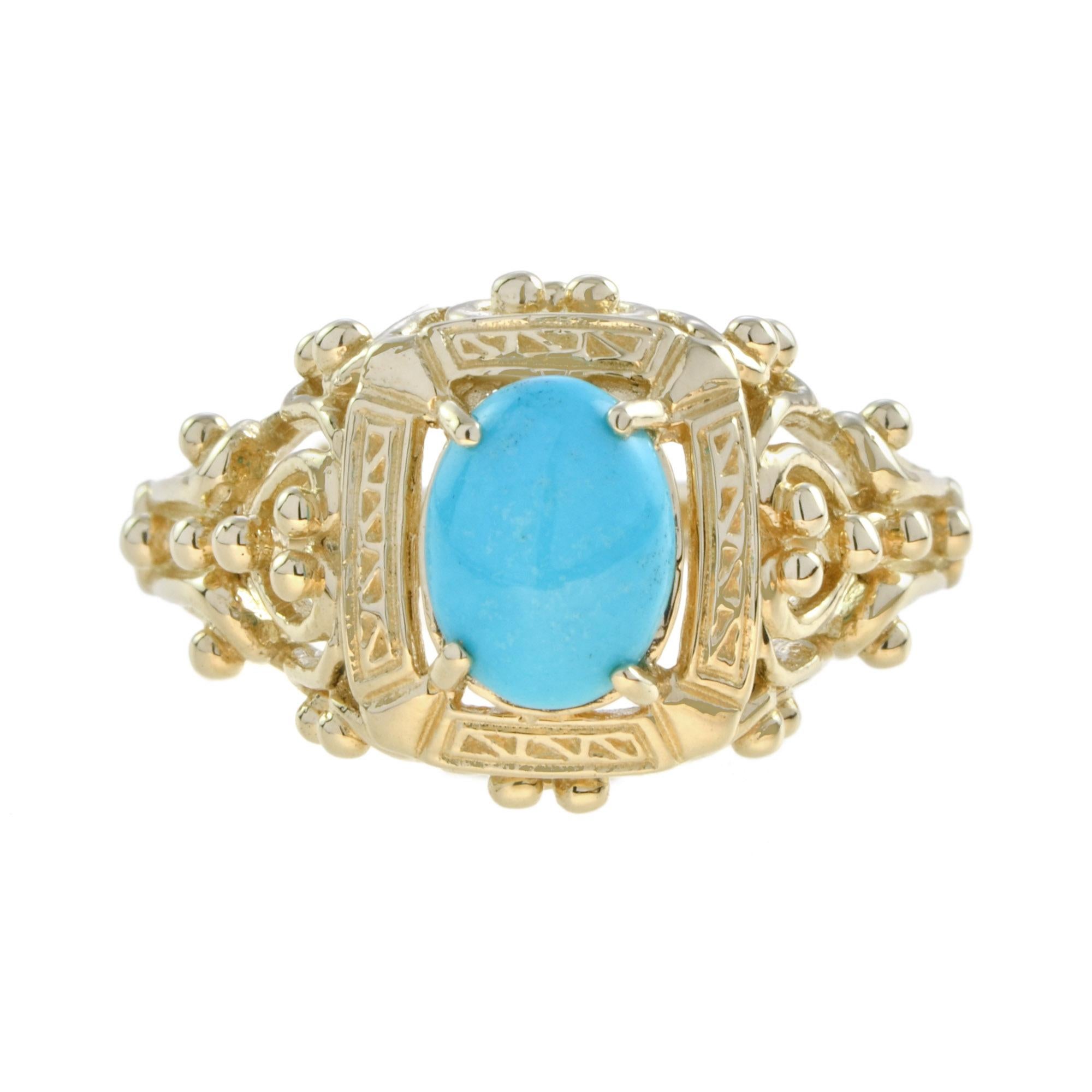 Diese atemberaubende Türkis Ring in 9k Gelbgold verfügt über eine lebendige blaue Cabochon natürlichen Türkis Edelstein von 0,99 Karat sicher 4 Zacken auf einem zarten Käfig von Gold filigran gesetzt.

Ring-Informationen
Stil: Filigran
Metall: 9K