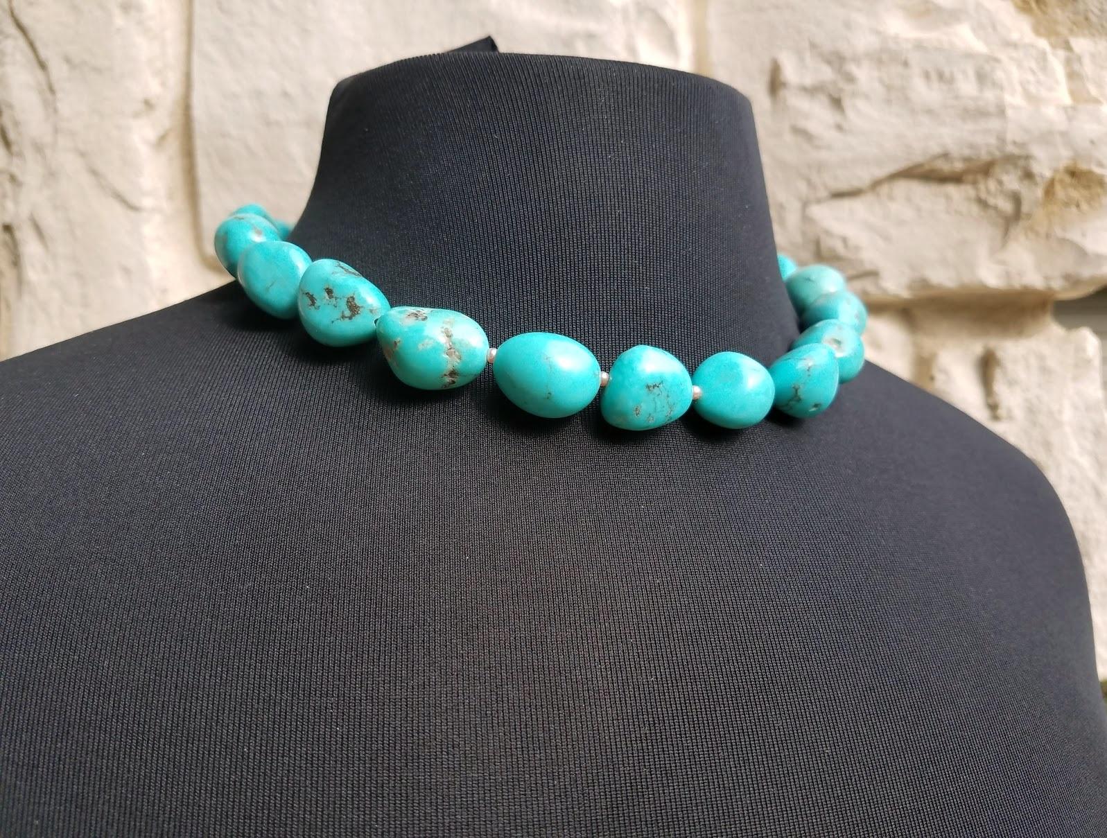 Bead Arizona Turquoise Freshwater Pearl Necklace With Sterling Silver Turquoise Clasp For Sale