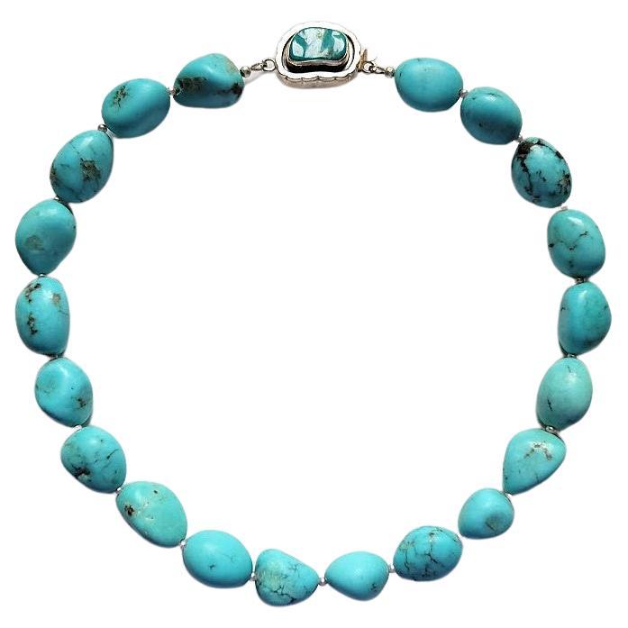 Arizona Turquoise Freshwater Pearl Necklace With Sterling Silver Turquoise Clasp For Sale