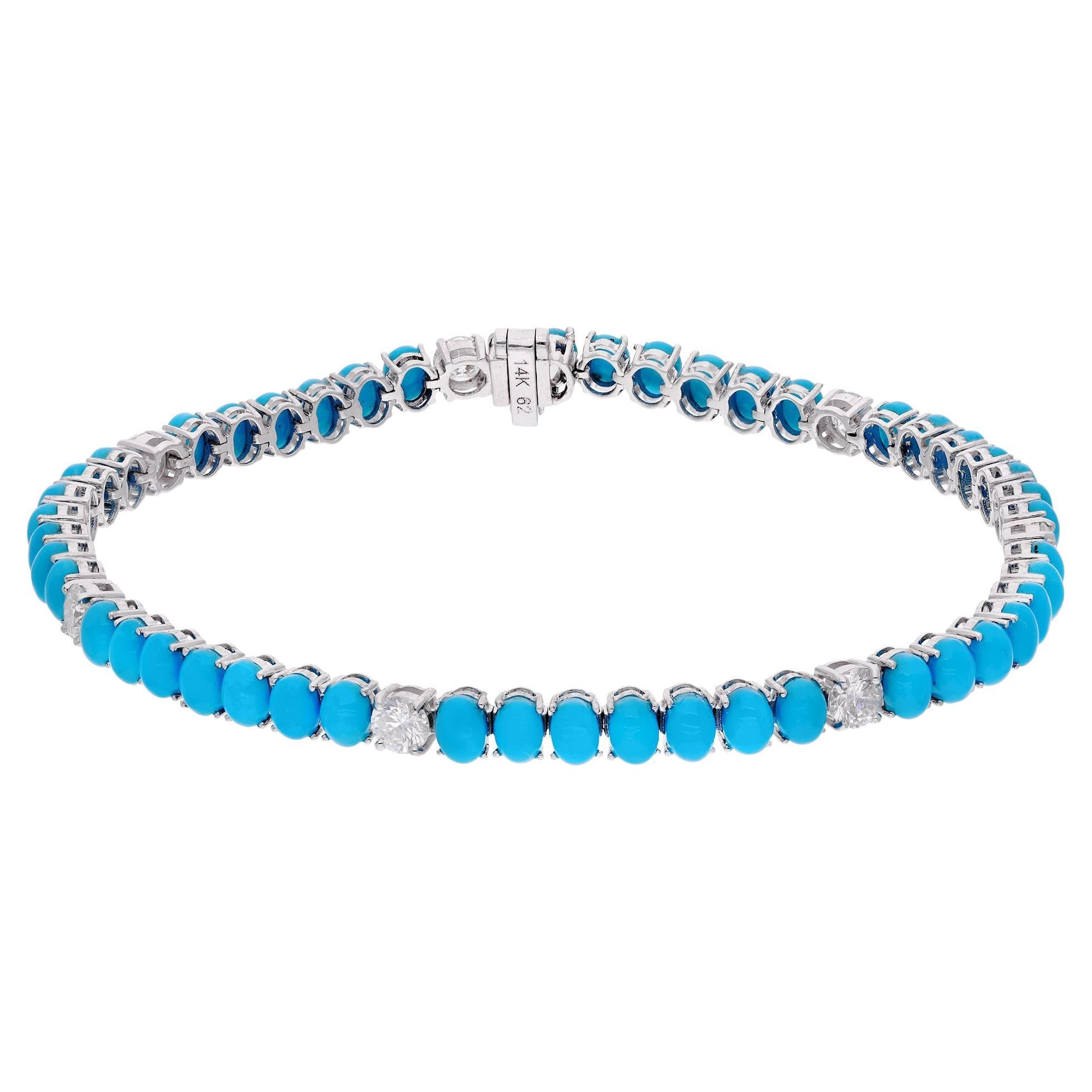 Bracelet en or blanc 14 carats avec turquoises et diamants, fabrication artisanale, Arizona en vente