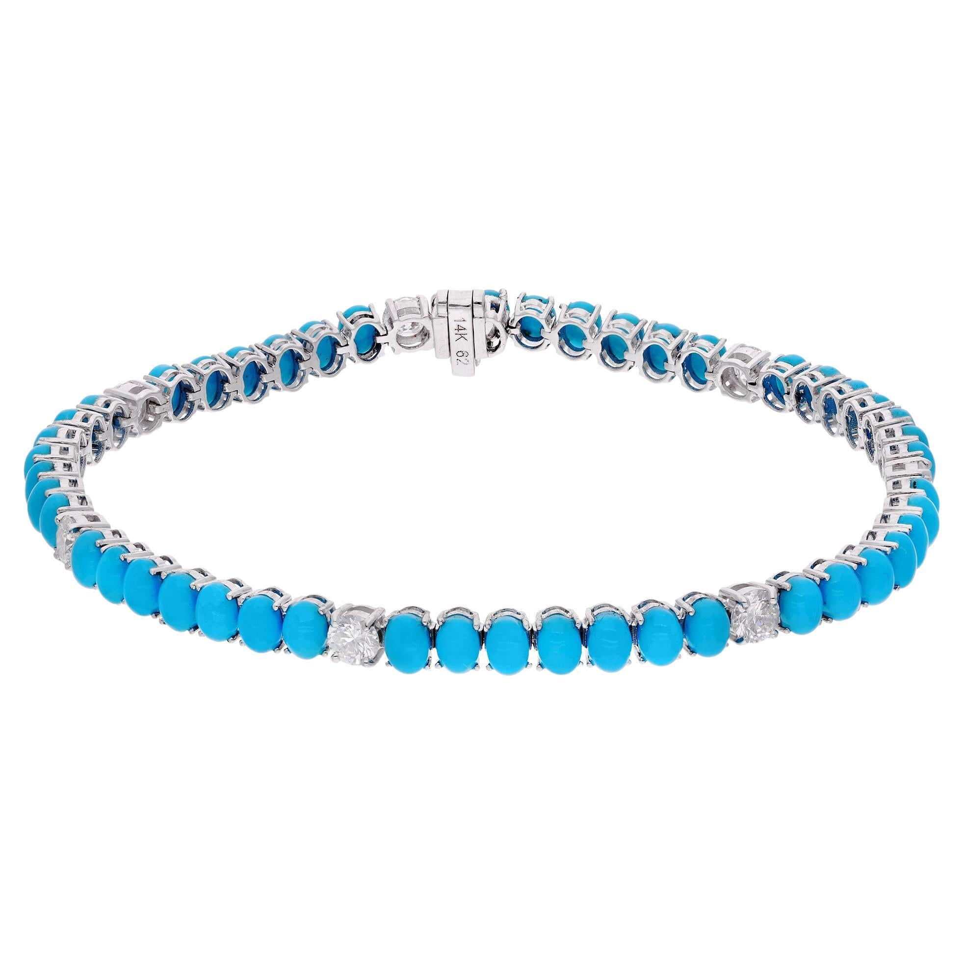 Arizona Turquoise Gemstone Bracelet Diamond 14 Karat White Gold Handmade Jewelry