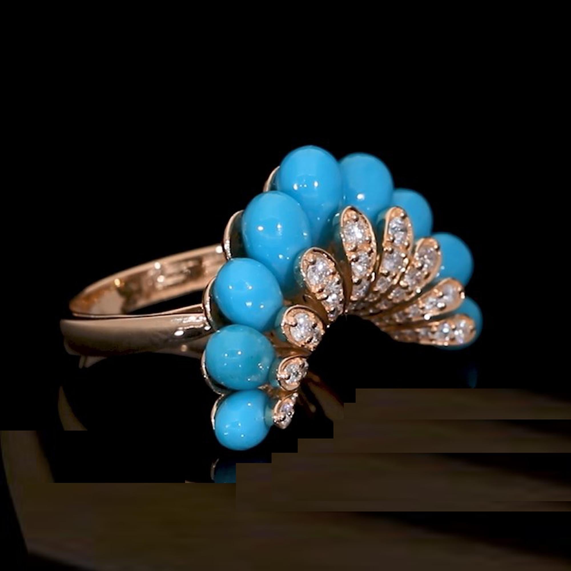 Women's Arizona Turquoise Gemstone Chevron Ring Diamond 18 Karat Yellow Gold Jewelry For Sale