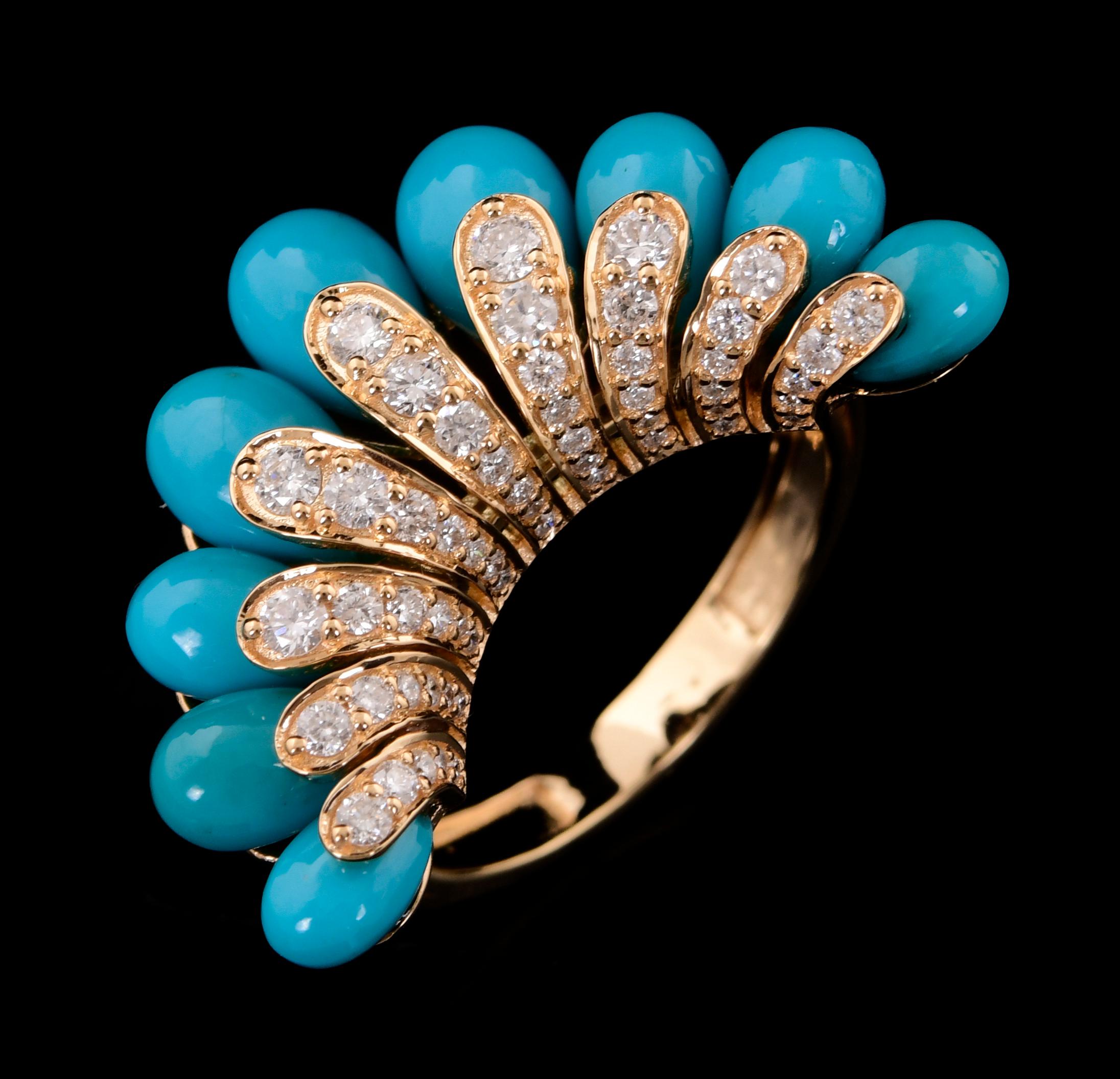Arizona Turquoise Gemstone Chevron Ring Diamond 18 Karat Yellow Gold Jewelry For Sale 2