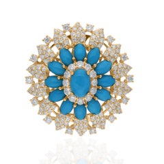 Arizona Turquoise Gemstone Cocktail Ring SI/H Diamond 14k Yellow Gold Jewelry