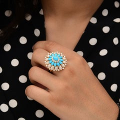 Arizona Turquoise Gemstone Cocktail Ring SI/H Diamond 18k Yellow Gold Jewelry
