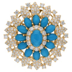 Arizona Turquoise Gemstone Cocktail Ring SI/H Diamond 18k Yellow Gold Jewelry