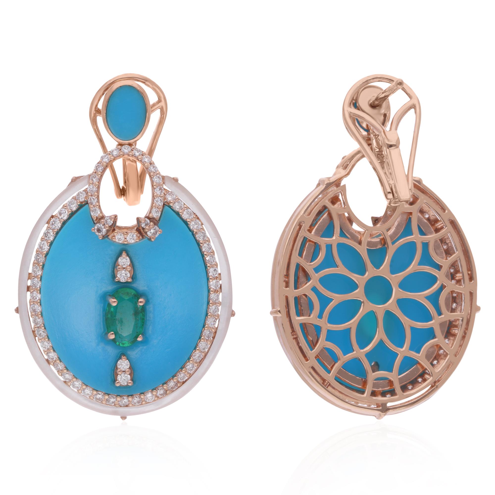 Modern Turquoise Mother of Pearl Dangle Earrings Emerald Diamond 14 Karat Rose Gold For Sale