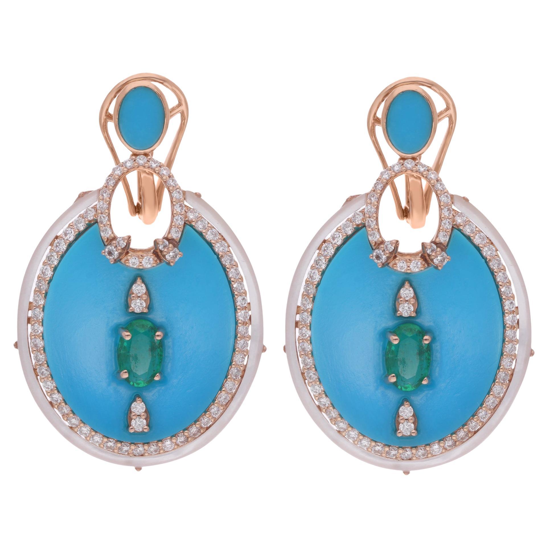 Turquoise Mother of Pearl Dangle Earrings Emerald Diamond 14 Karat Rose Gold For Sale