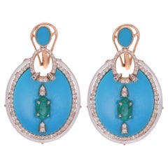 Boucles d'oreilles Turquoise Nacre Emeraude Diamant Or Rose 14 carats