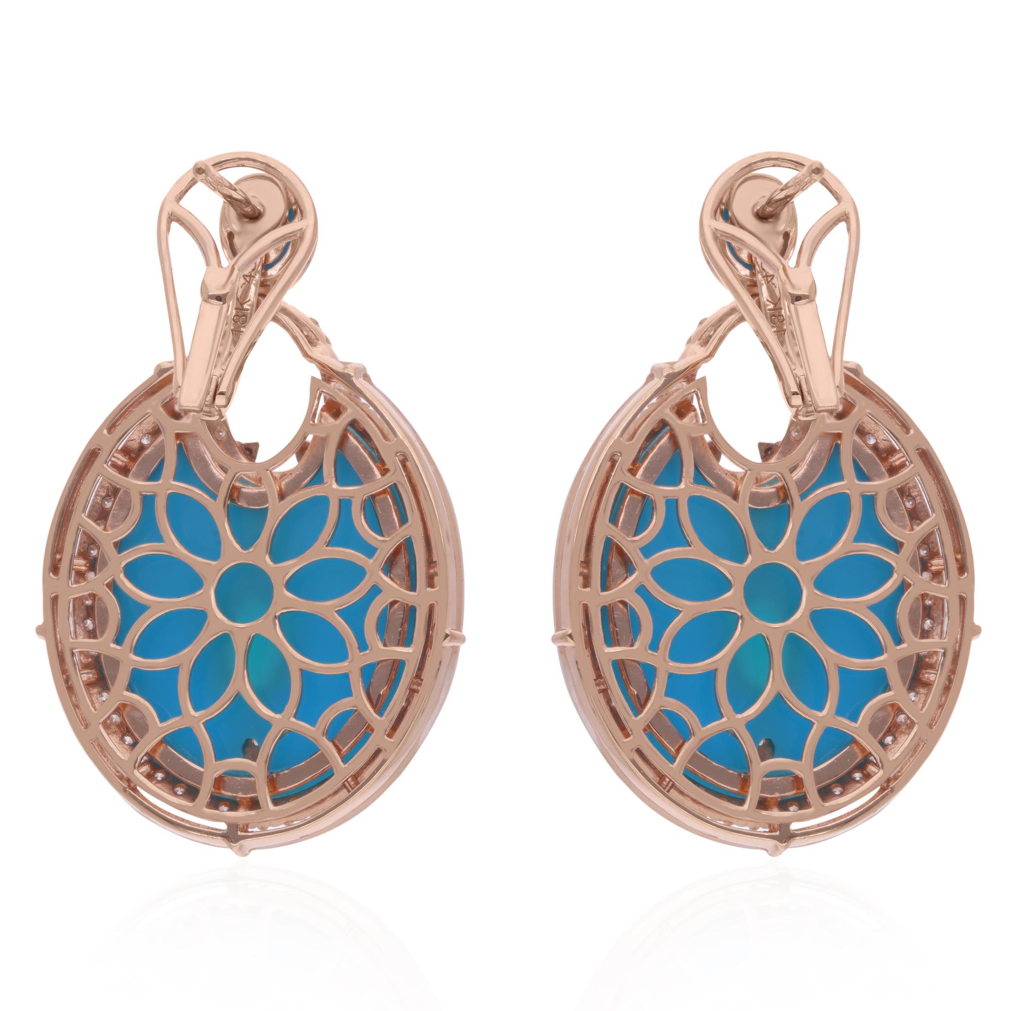 Women's Arizona Turquoise Gemstone Dangle Earrings Emerald Diamond 18 Karat Rose Gold For Sale