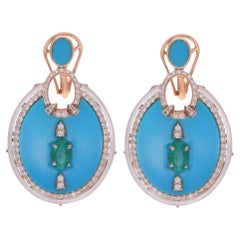 Arizona Turquoise Gemstone Dangle Earrings Emerald Diamond 18 Karat Rose Gold
