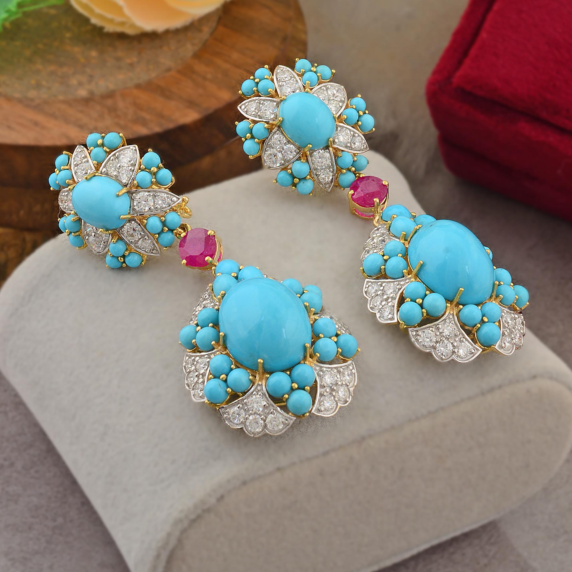 Modern Arizona Turquoise Gemstone Dangle Earrings Ruby Diamond 18 Karat Yellow Gold For Sale