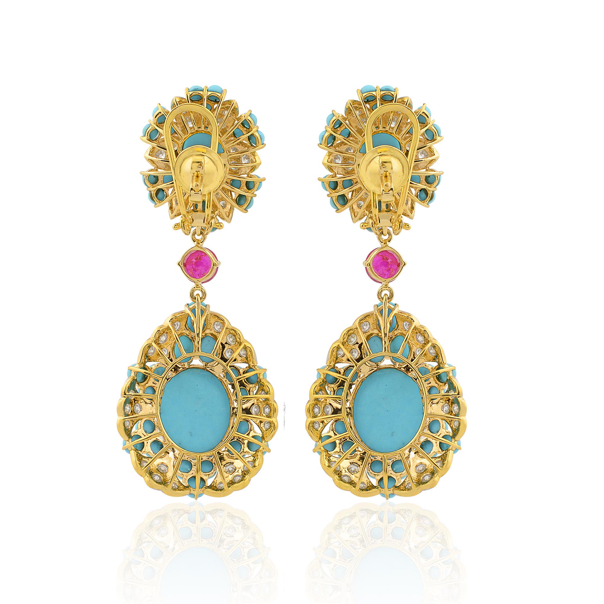 Oval Cut Arizona Turquoise Gemstone Dangle Earrings Ruby Diamond 18 Karat Yellow Gold For Sale