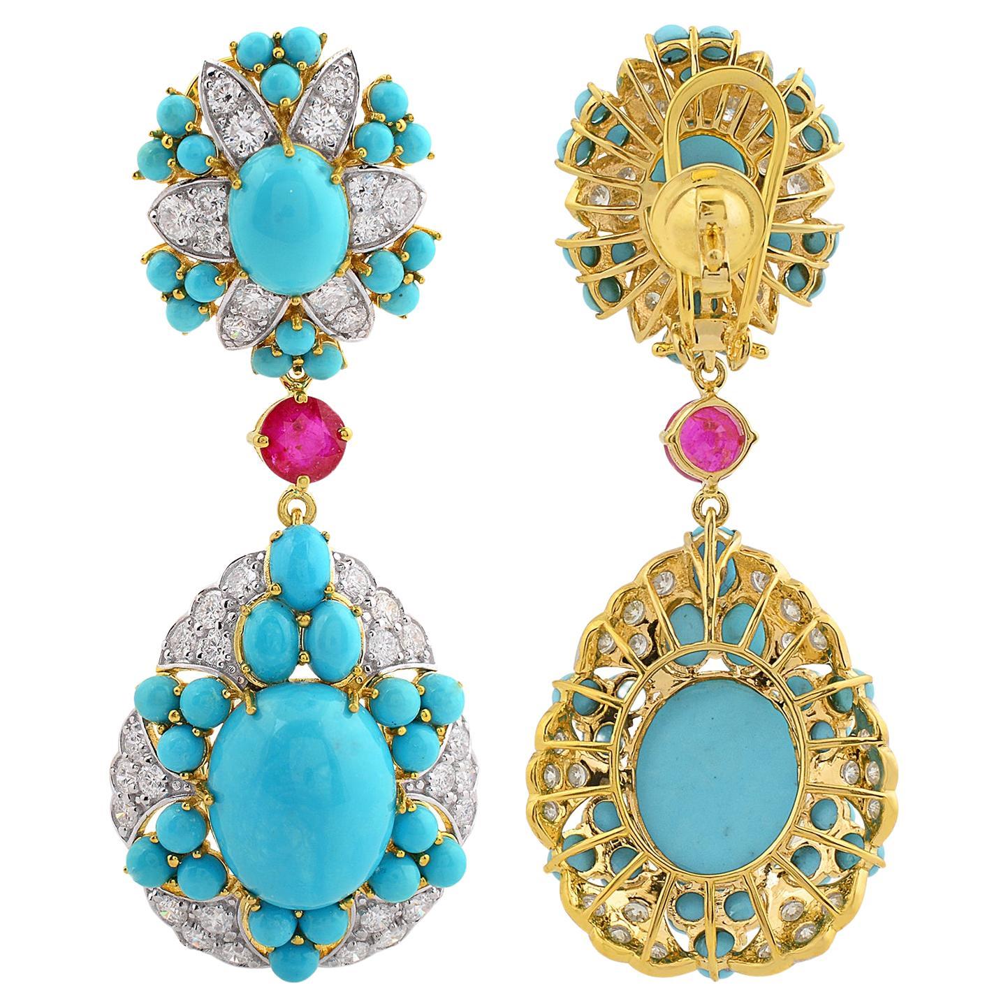 Arizona Turquoise Gemstone Dangle Earrings Ruby Diamond 18 Karat Yellow Gold For Sale