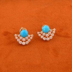 Arizona Turquoise Gemstone Earrings Diamond 14 Karat Yellow Gold Fine Jewelry