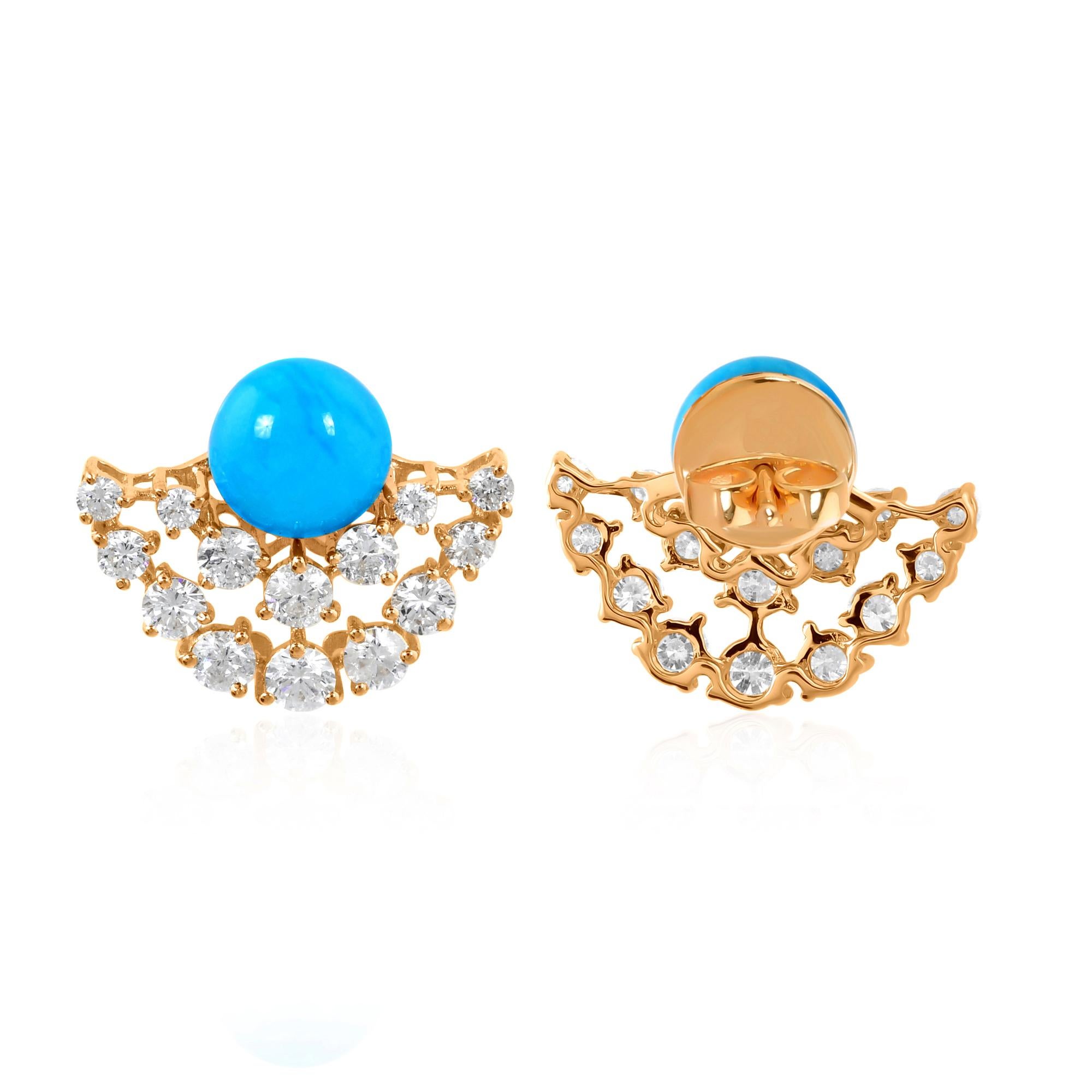 Arizona Turquoise Gemstone Earrings Diamond 14 Karat Yellow Gold Fine Jewelry In New Condition For Sale In Diera, Dubai