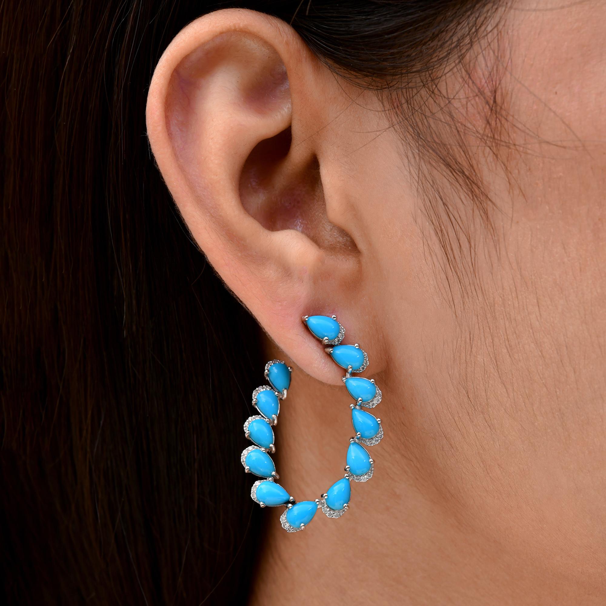 Modern Arizona Turquoise Gemstone Earrings Diamond 18 Karat White Gold Handmade Jewelry For Sale