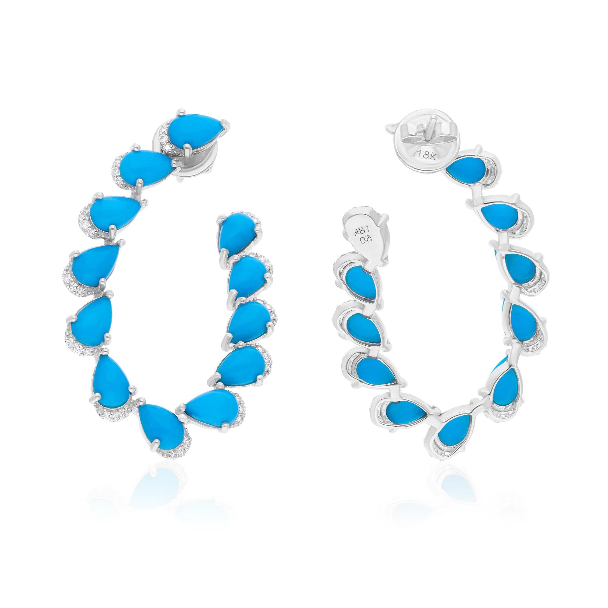 Pear Cut Arizona Turquoise Gemstone Earrings Diamond 18 Karat White Gold Handmade Jewelry For Sale