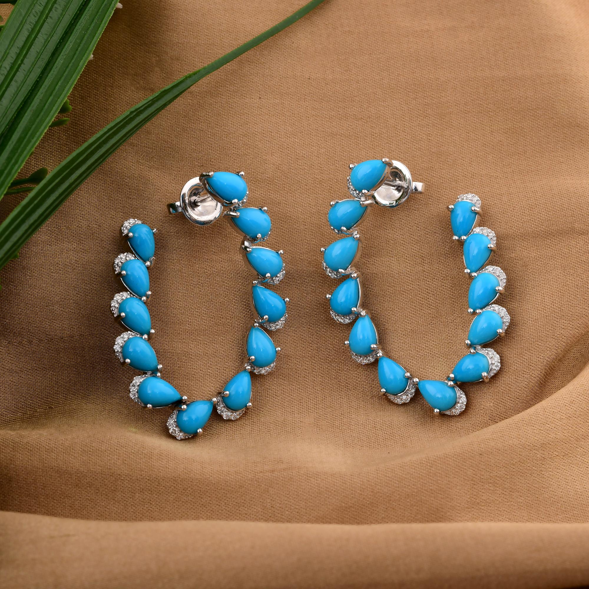 Arizona Turquoise Gemstone Earrings Diamond 18 Karat White Gold Handmade Jewelry In New Condition For Sale In Diera, Dubai