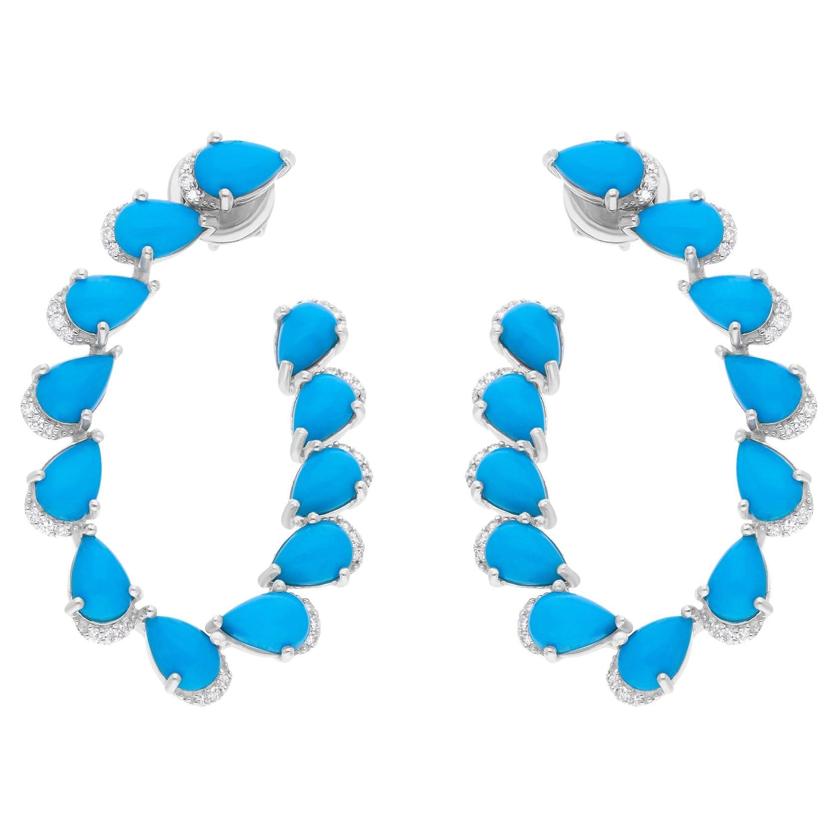 Arizona Turquoise Gemstone Earrings Diamond 18 Karat White Gold Handmade Jewelry For Sale