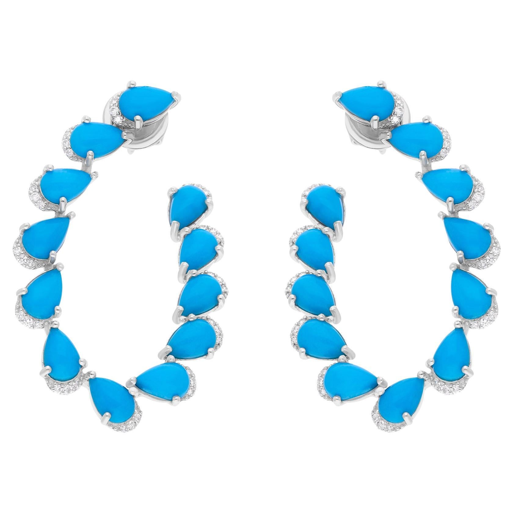 Arizona Turquoise Gemstone Earrings Diamond 18 Karat White Gold Handmade Jewelry