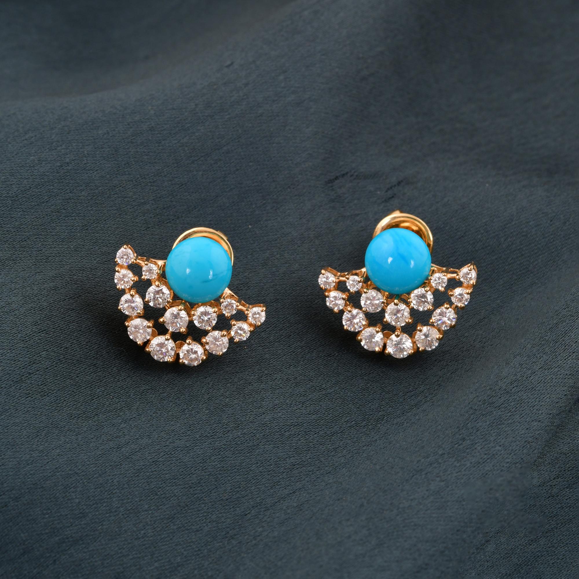 Round Cut Arizona Turquoise Gemstone Earrings Diamond 18 Karat Yellow Gold Fine Jewelry For Sale