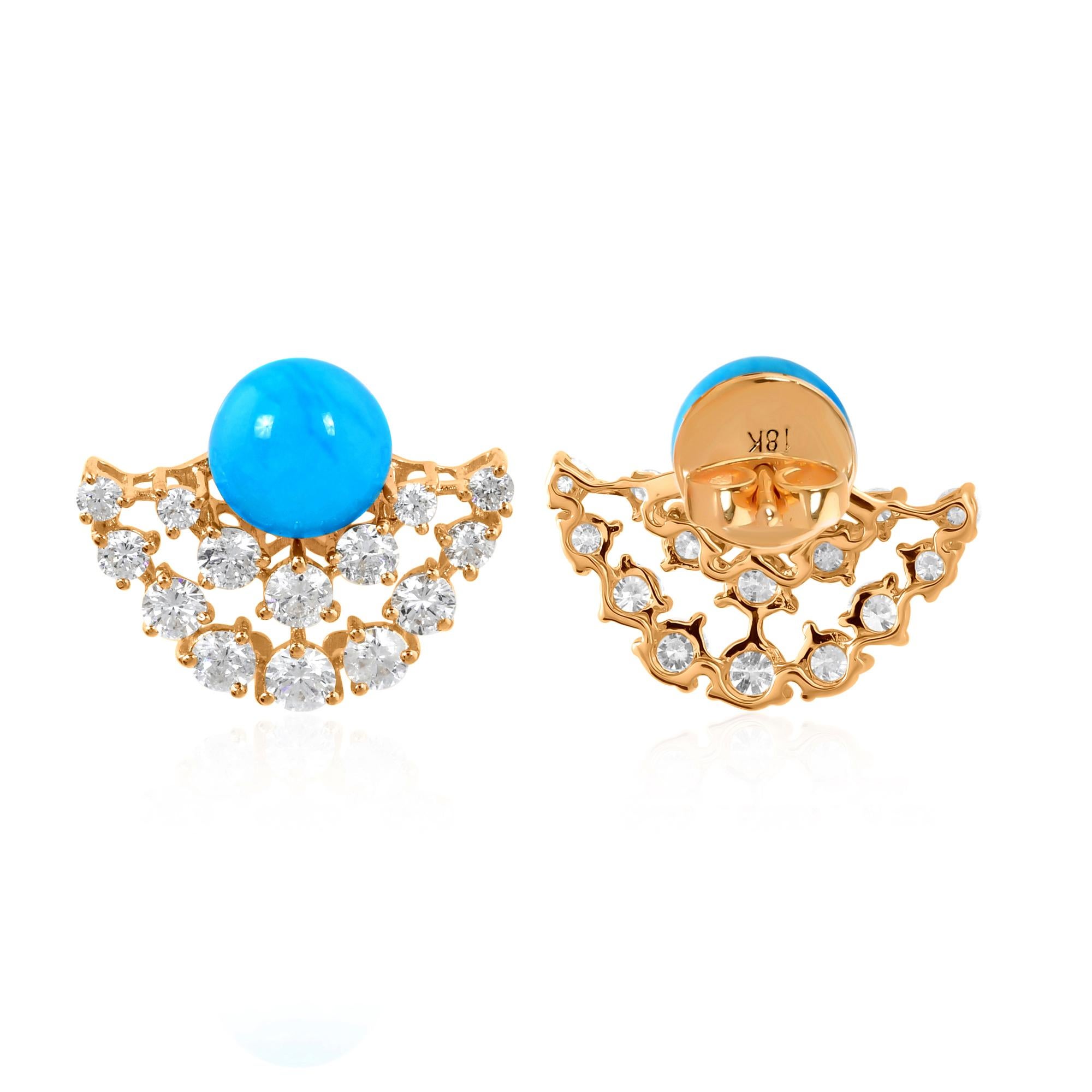 Arizona Turquoise Gemstone Earrings Diamond 18 Karat Yellow Gold Fine Jewelry In New Condition For Sale In Diera, Dubai