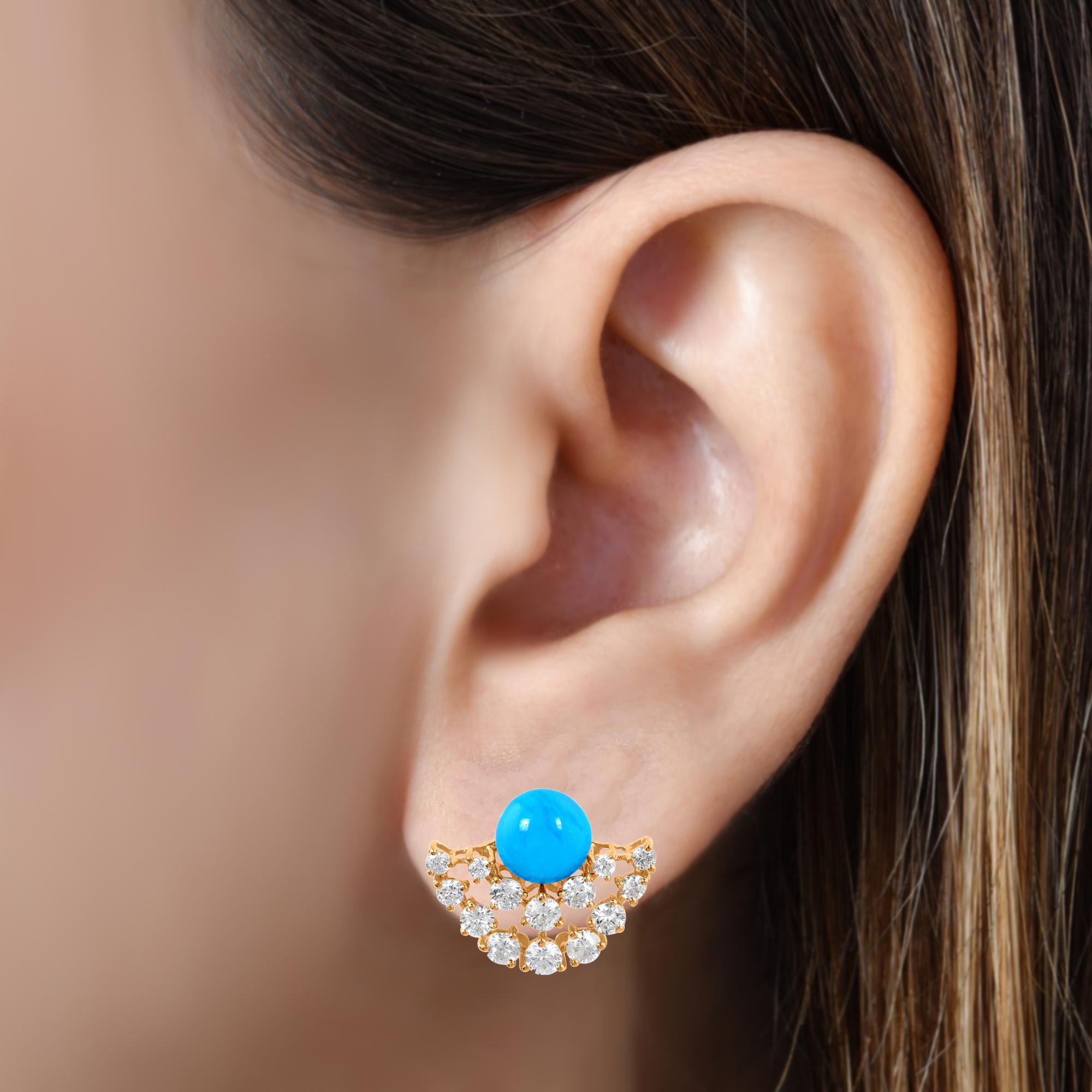 Arizona Turquoise Gemstone Earrings Diamond 18 Karat Yellow Gold Fine Jewelry For Sale 1