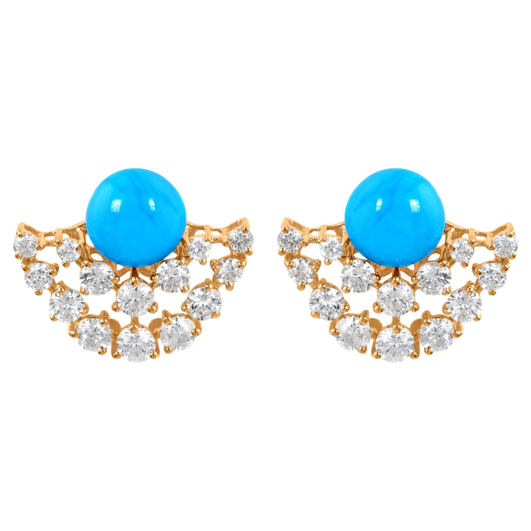 Arizona Turquoise Gemstone Earrings Diamond 18 Karat Yellow Gold Fine Jewelry