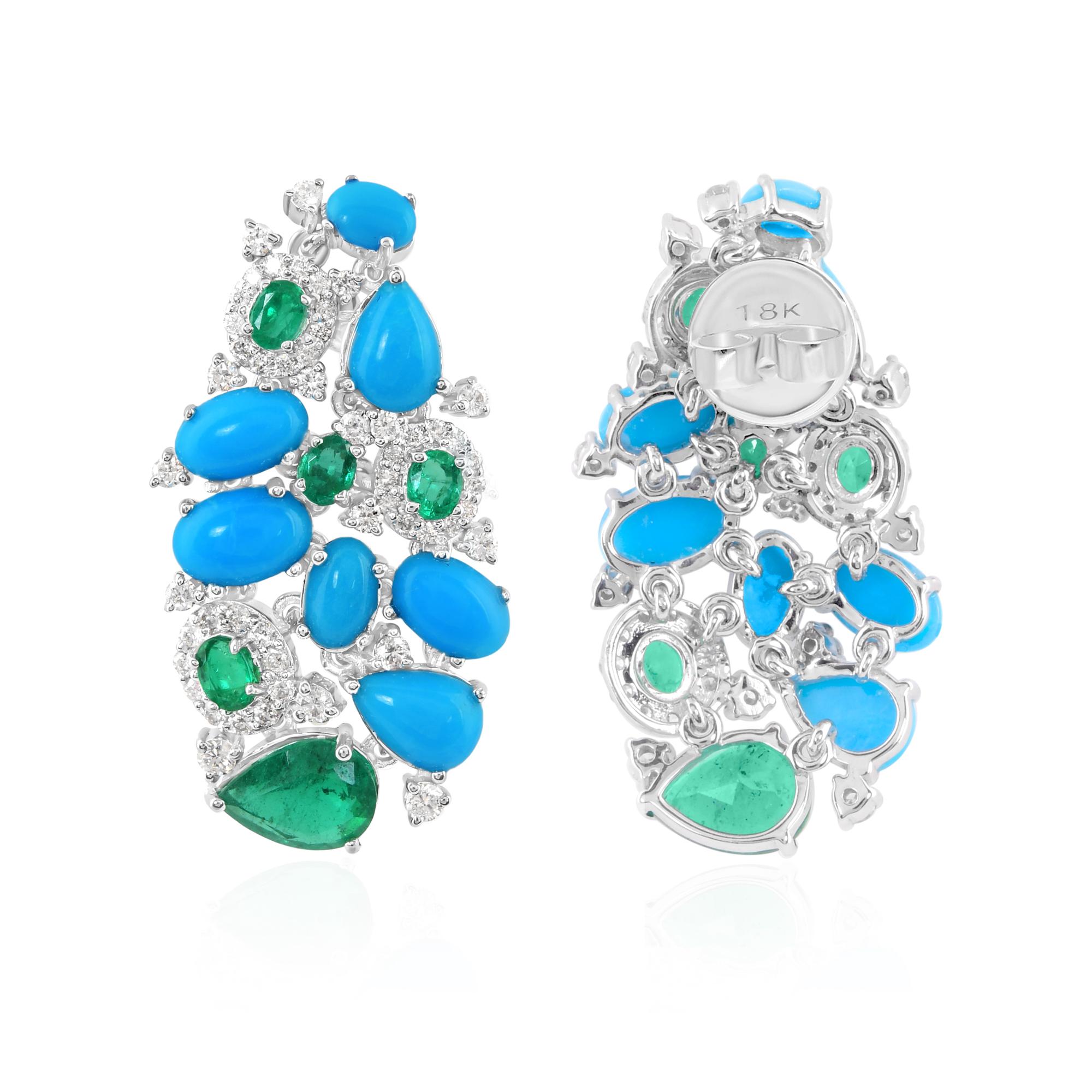 Cast from 14-karat gold, these exquisite earrings are handset with 1.87 carats Zambian Emerald, 4.08 carats Arizona turquoise and 0.75 carats of sparkling diamonds.

FOLLOW SPECTRUM JEWELS storefront to view the latest collection & exclusive pieces.