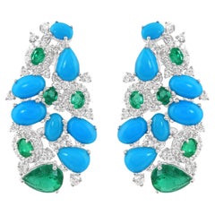 Arizona Turquoise Gemstone Earrings Emerald Diamond 14 Karat White Gold Jewelry