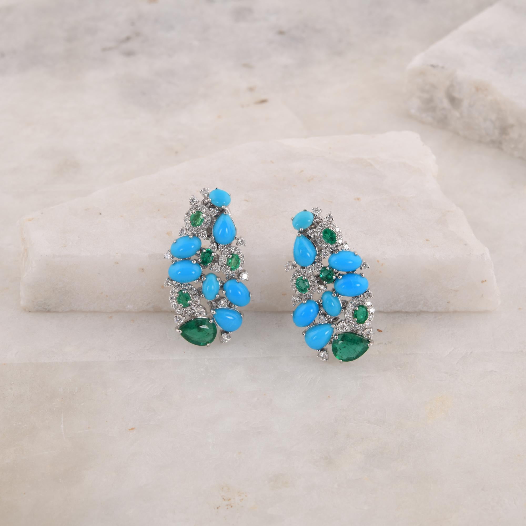 Pear Cut Arizona Turquoise Gemstone Earrings Emerald Diamond 14 Karat White Gold Jewelry For Sale