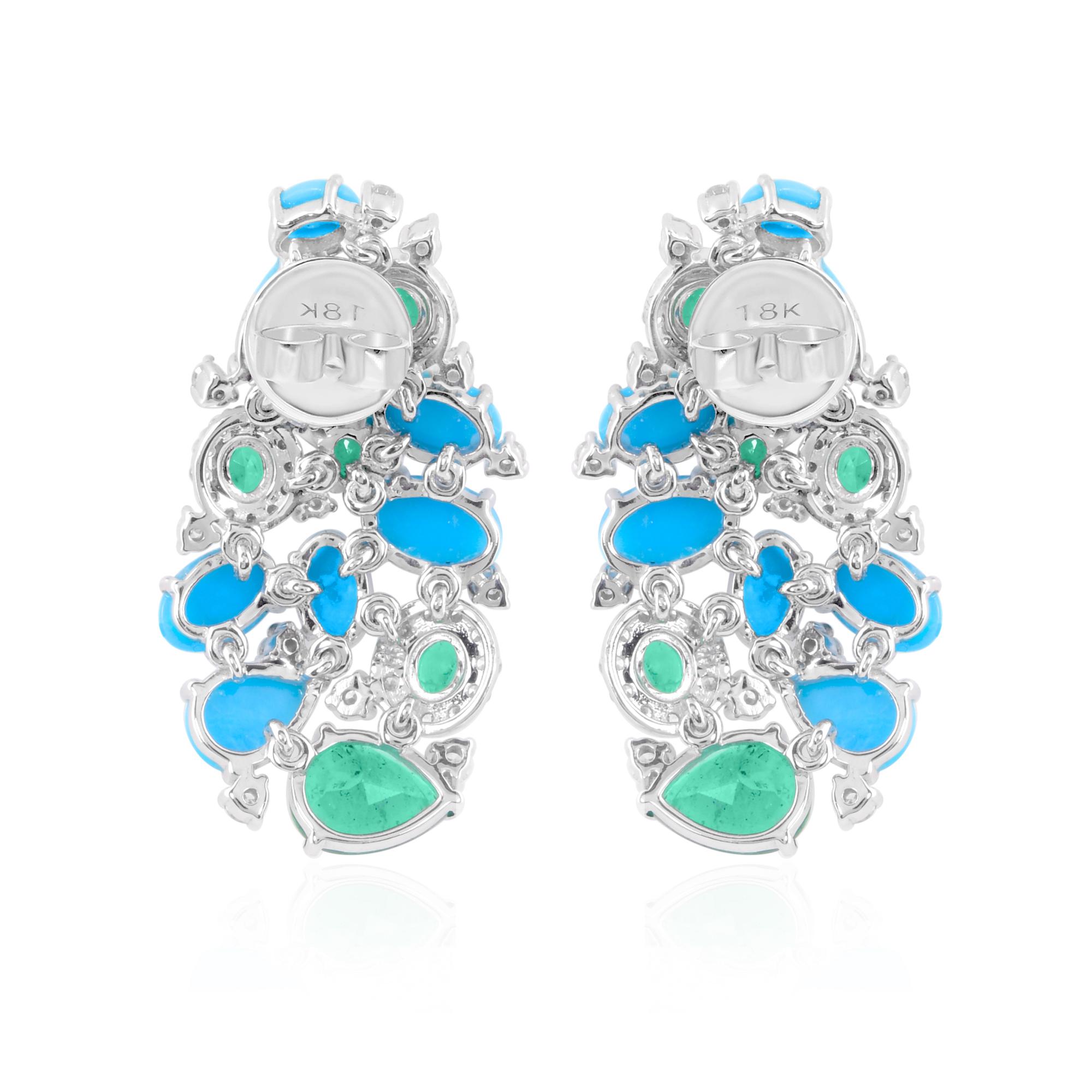 Arizona Turquoise Gemstone Earrings Emerald Diamond 14 Karat White Gold Jewelry In New Condition For Sale In Diera, Dubai