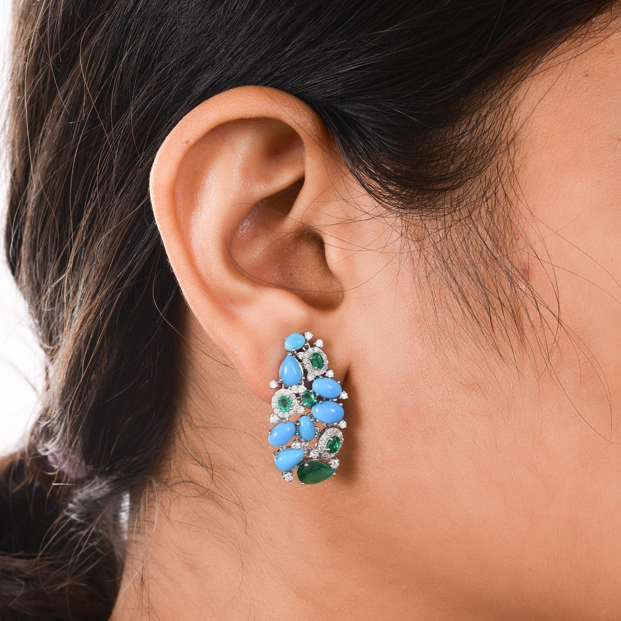 Women's Arizona Turquoise Gemstone Earrings Emerald Diamond 14 Karat White Gold Jewelry For Sale