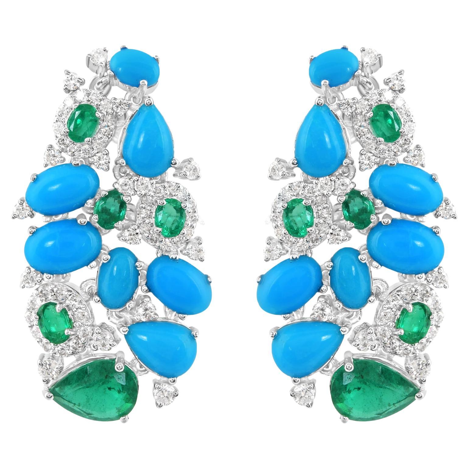 Arizona Turquoise Gemstone Earrings Emerald Diamond 14 Karat White Gold Jewelry