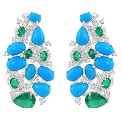 Arizona Turquoise Gemstone Earrings Emerald Diamond 18 Karat White Gold Jewelry