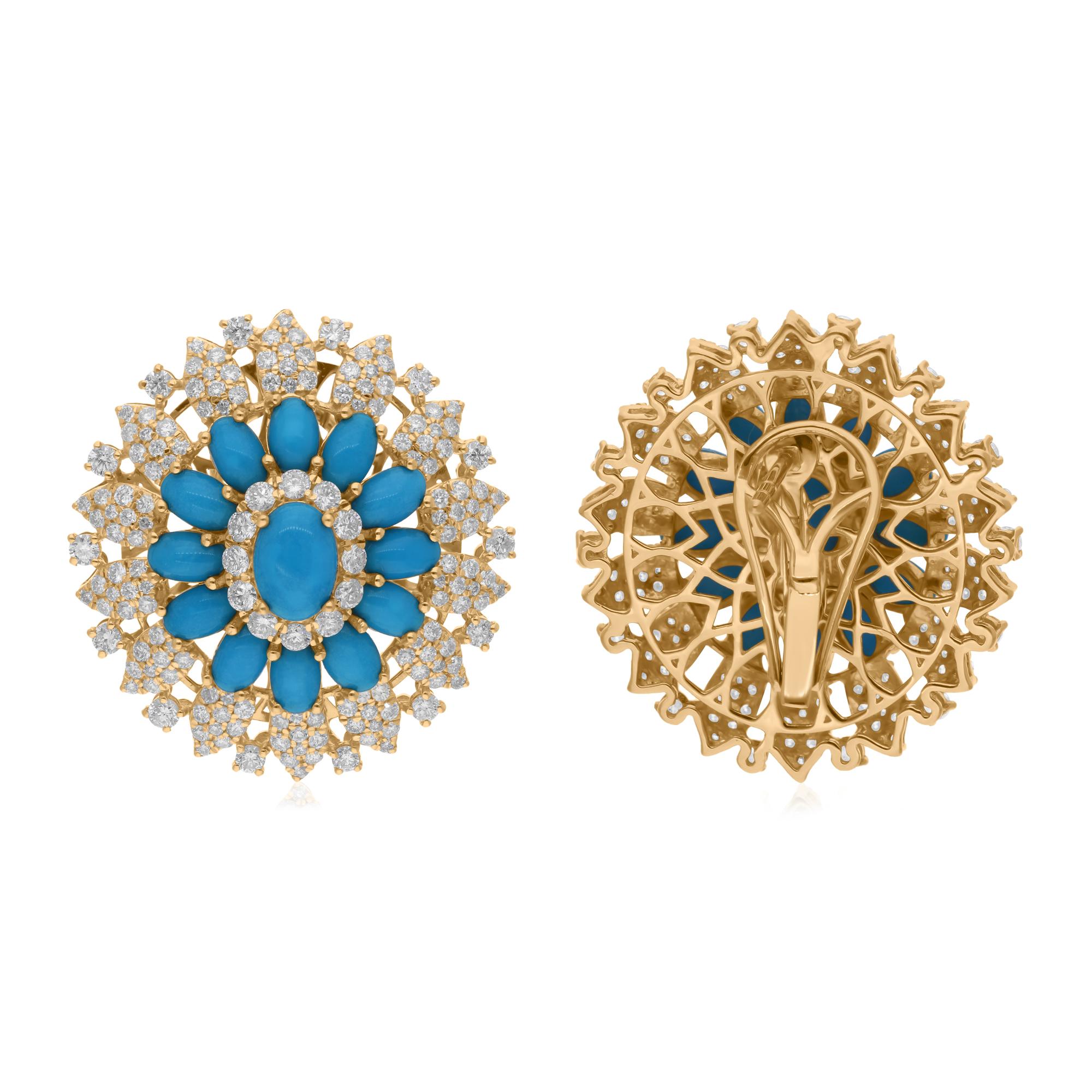 Coulées dans de l'or 14 carats, ces boucles d'oreilles exquises sont serties de 5,44 carats de turquoise naturelle et de 3,10 carats de diamants étincelants.

Suivez la vitrine de Spectrum Jewels pour découvrir la dernière collection et les pièces
