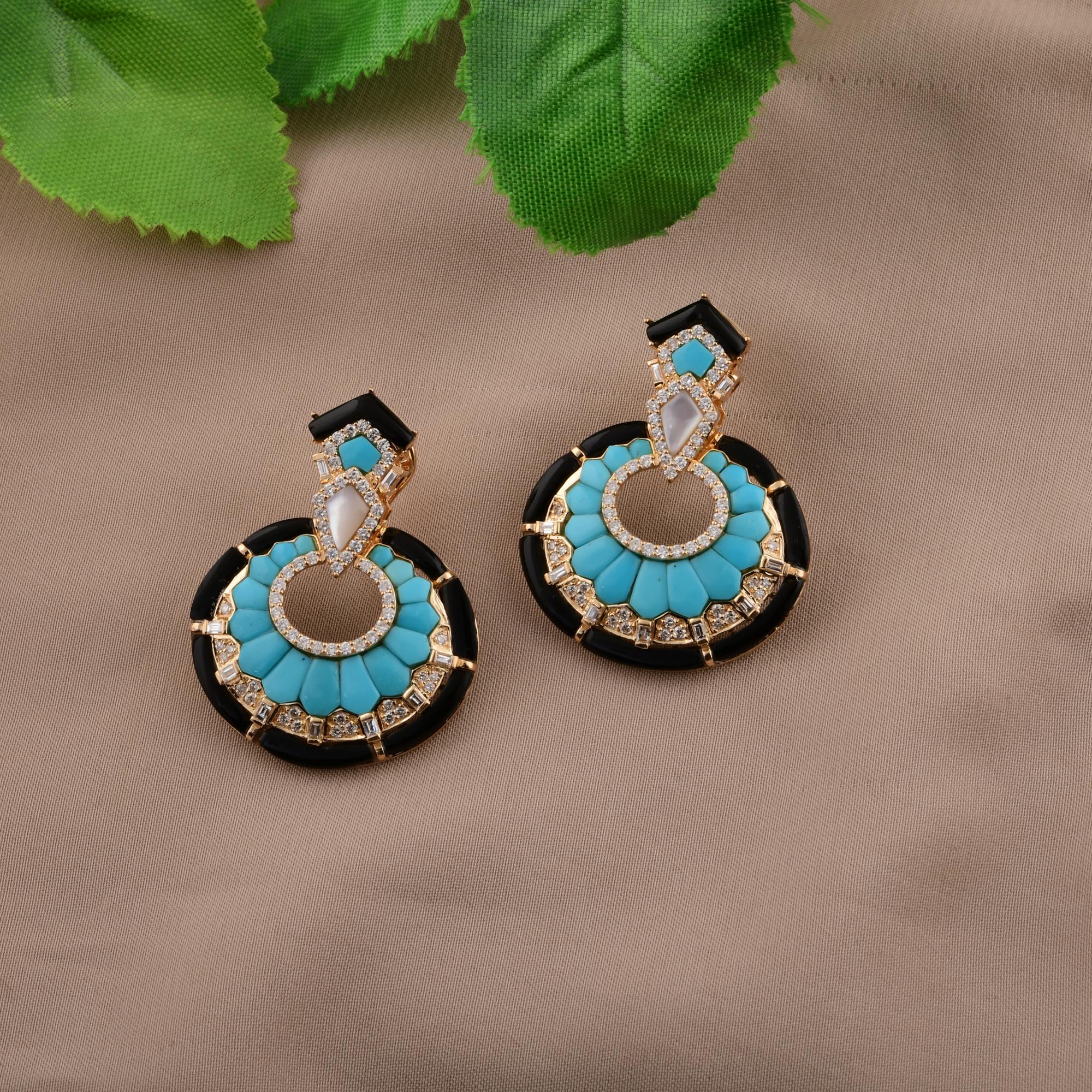 Modern Arizona Turquoise Gemstone Earrings SI/H Diamond 14 Karat Yellow Gold Jewelry For Sale