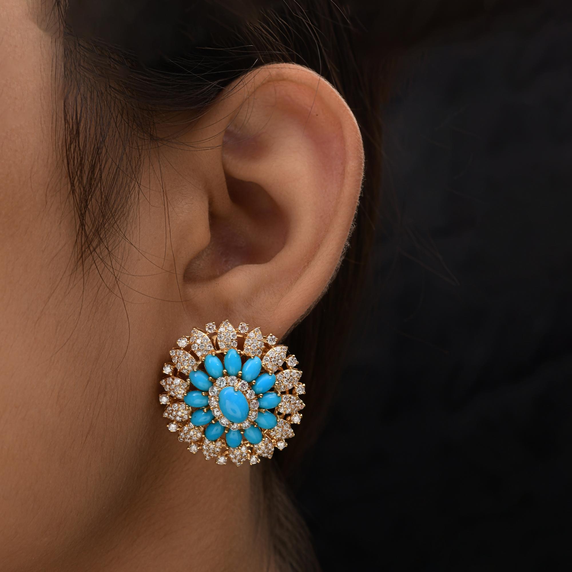 Moderne Boucles d'oreilles en or jaune 14 carats avec turquoises naturelles SI/H et diamants en vente