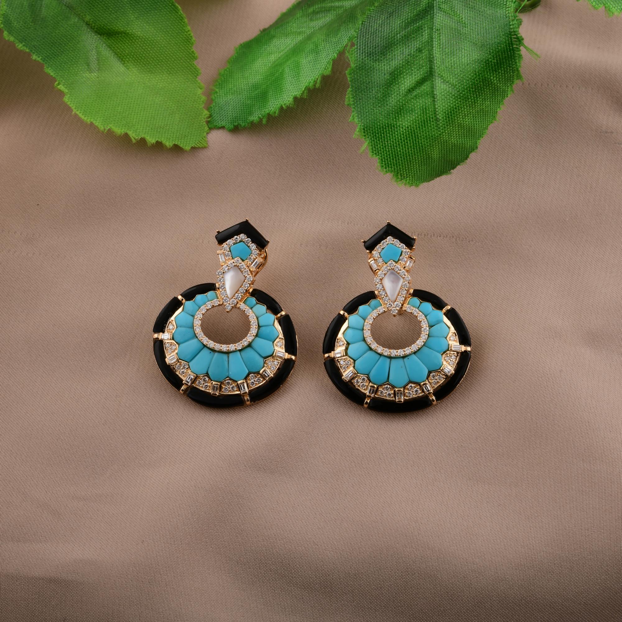 Round Cut Arizona Turquoise Gemstone Earrings SI/H Diamond 14 Karat Yellow Gold Jewelry For Sale