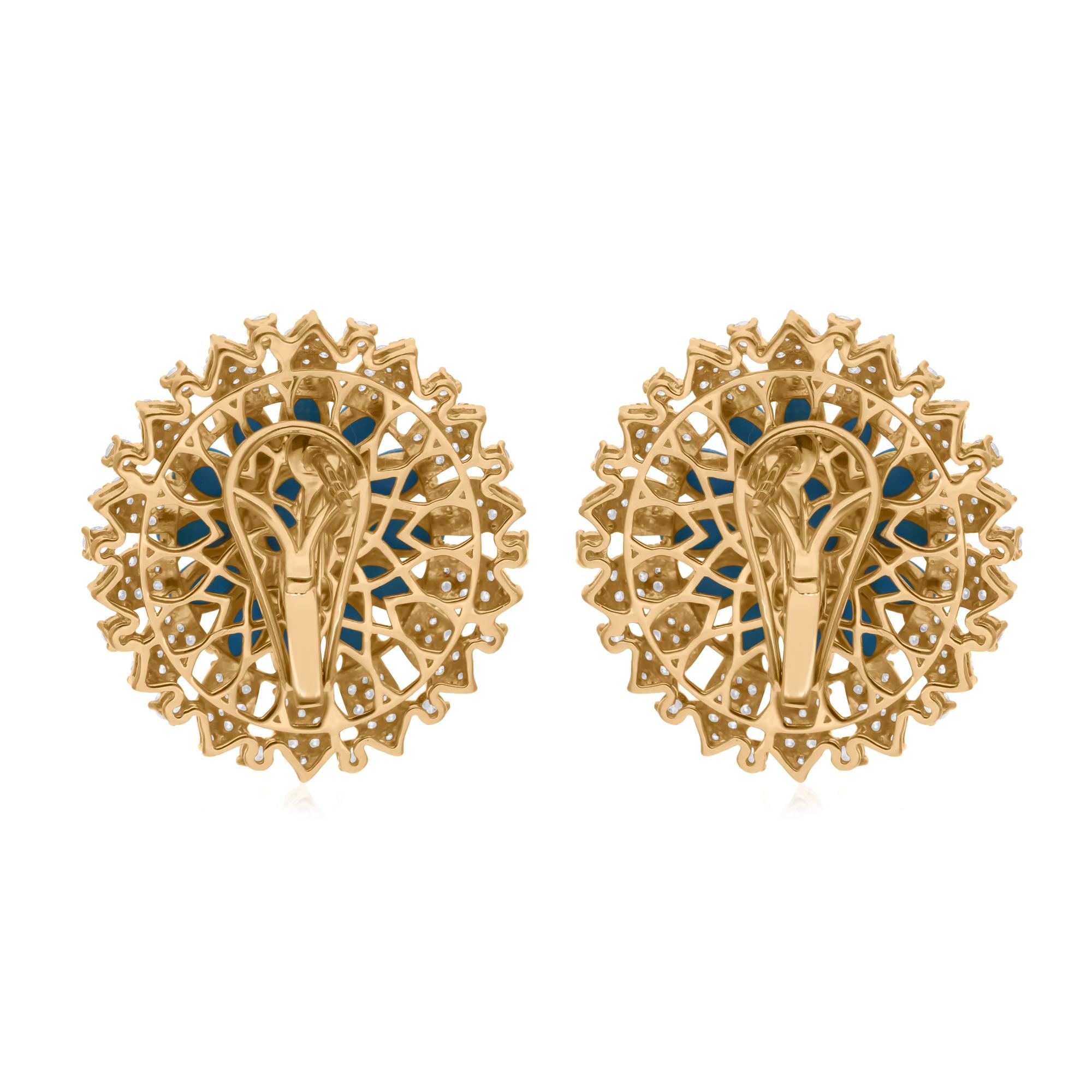 Boucles d'oreilles en or jaune 14 carats avec turquoises naturelles SI/H et diamants Neuf - En vente à Diera, Dubai