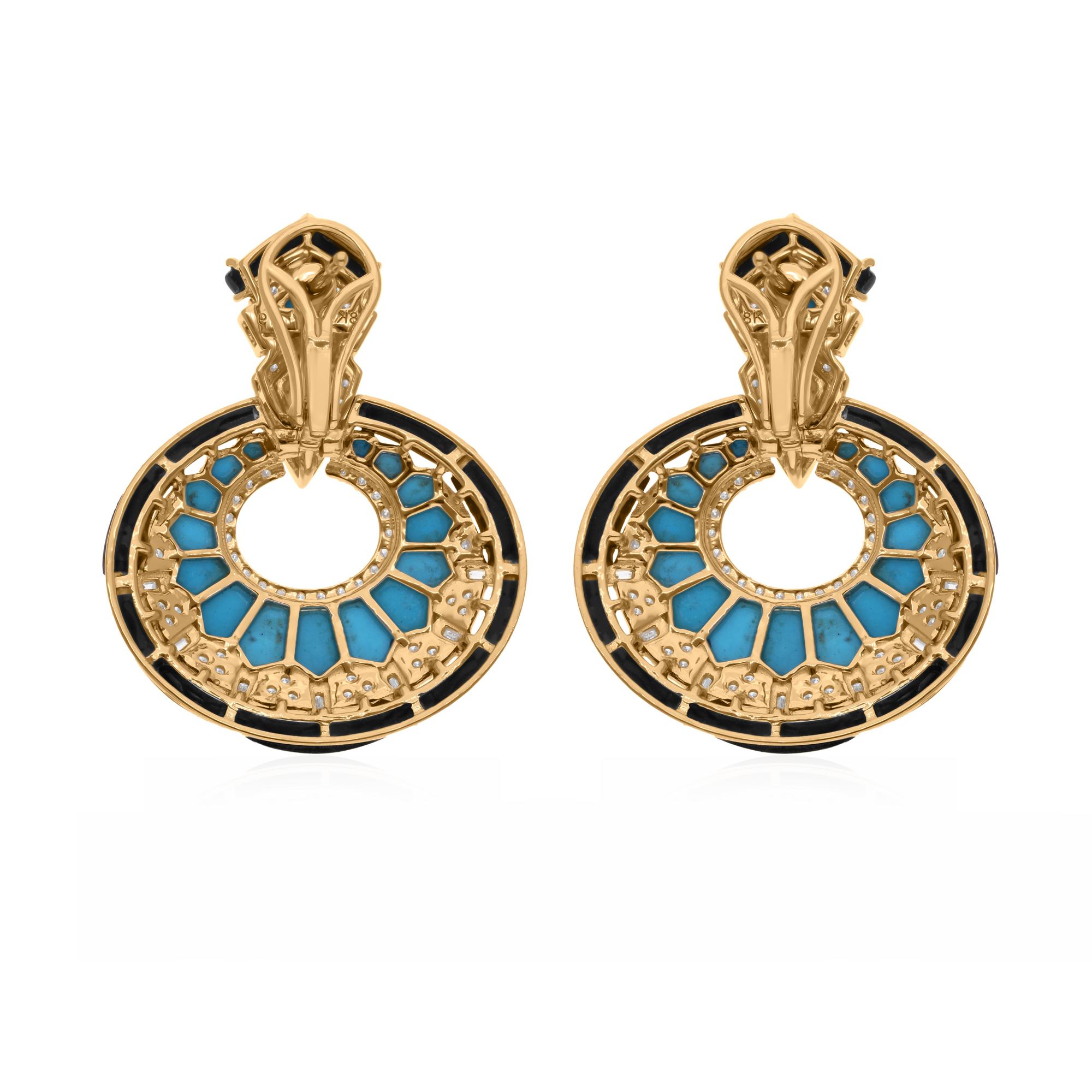 Women's Arizona Turquoise Gemstone Earrings SI/H Diamond 14 Karat Yellow Gold Jewelry For Sale