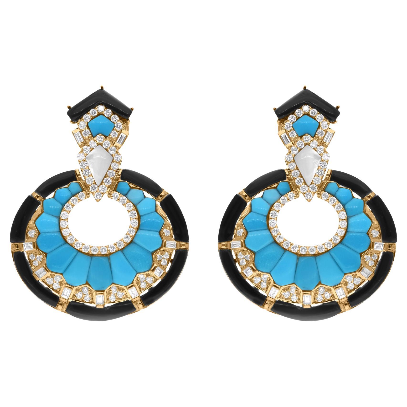 Arizona Turquoise Gemstone Earrings SI/H Diamond 14 Karat Yellow Gold Jewelry