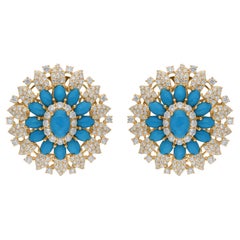 Pendientes de Turquesa Natural SI/H Diamante Joyas de Oro Amarillo de 14 Kilates