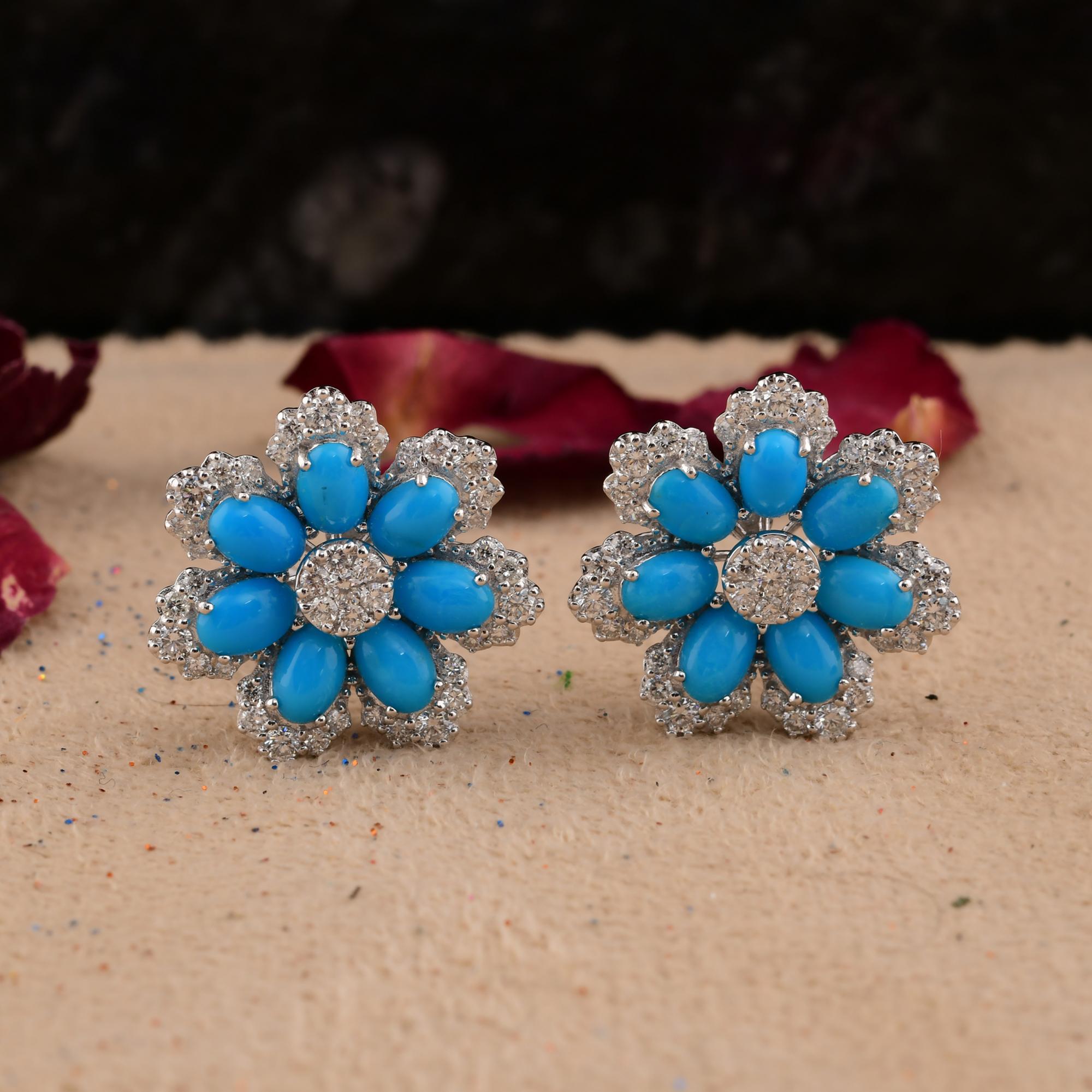 Modern Natural Turquoise Gemstone Earrings SI/H Diamond 18 Karat White Gold Jewelry For Sale