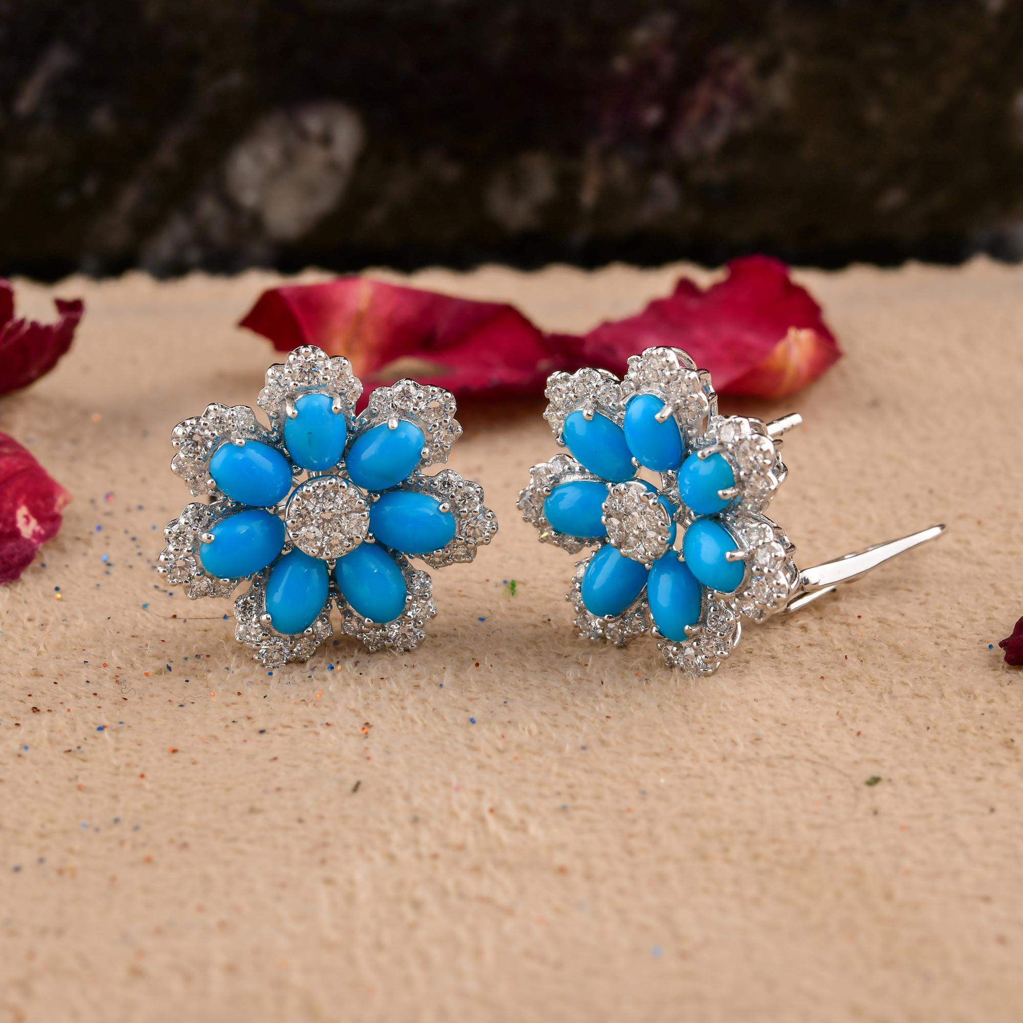 Oval Cut Natural Turquoise Gemstone Earrings SI/H Diamond 18 Karat White Gold Jewelry For Sale