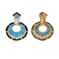 Arizona Turquoise Gemstone Earrings SI/H Diamond 18 Karat Yellow Gold Jewelry