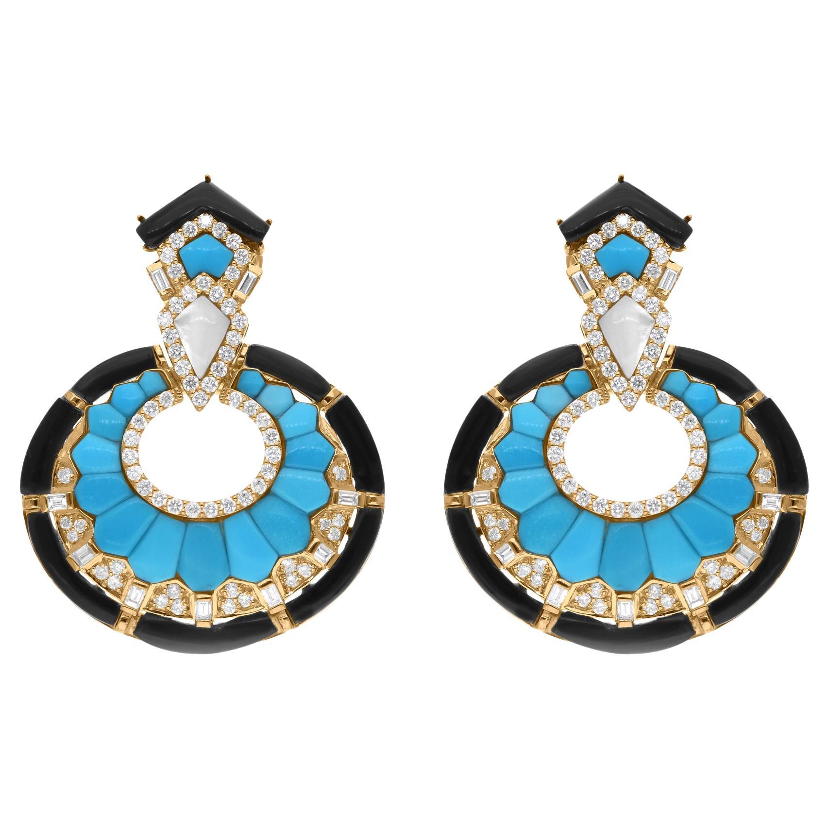 Arizona Turquoise Gemstone Earrings SI/H Diamond 18 Karat Yellow Gold Jewelry
