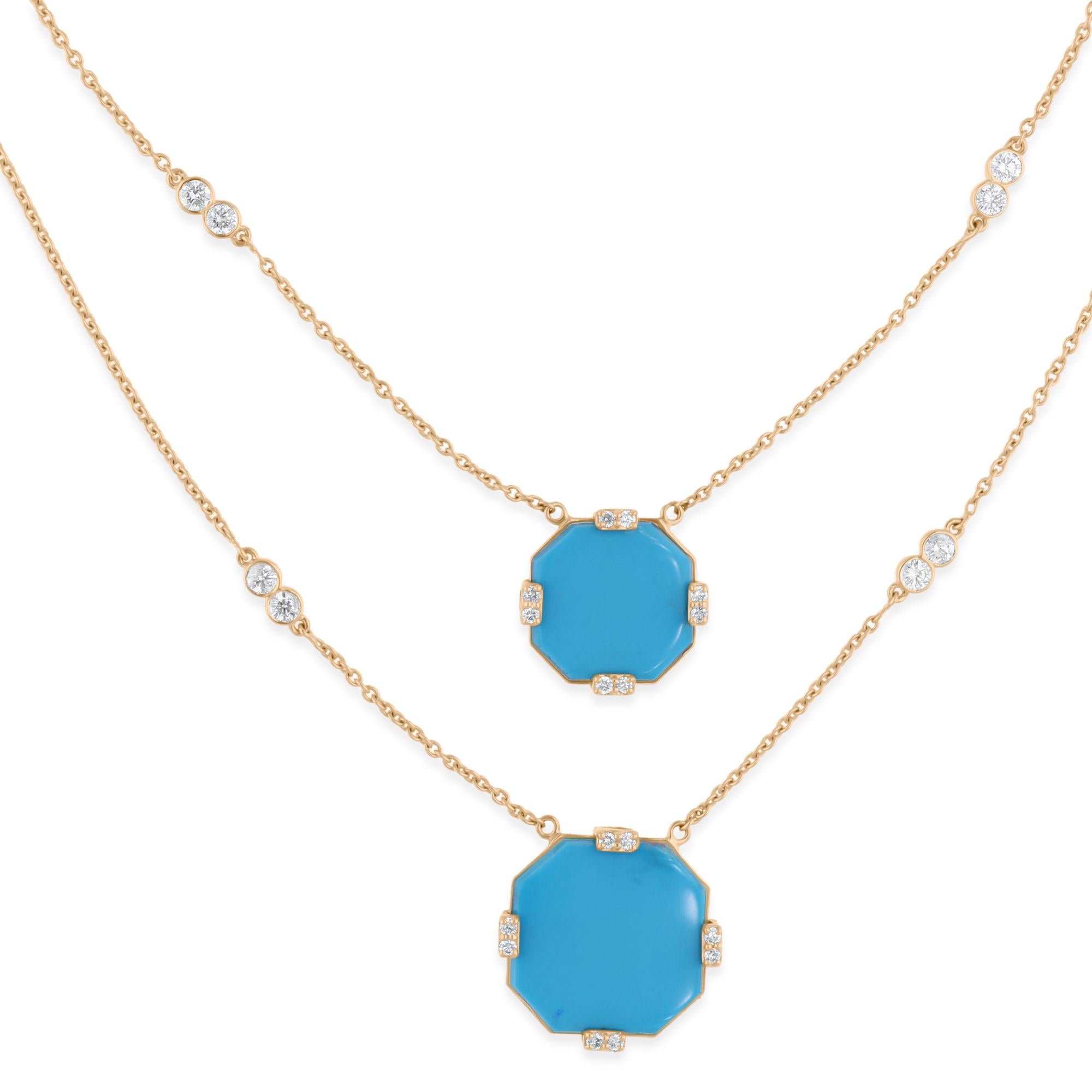 Cast from 18-karat gold, these exquisite necklace is handset with 7.75 carats natural turquoise and 1.33 carats of sparkling diamonds.

FOLLOW SPECTRUM JEWELS storefront to view the latest collection & exclusive pieces. Spectrum Jewels is proudly